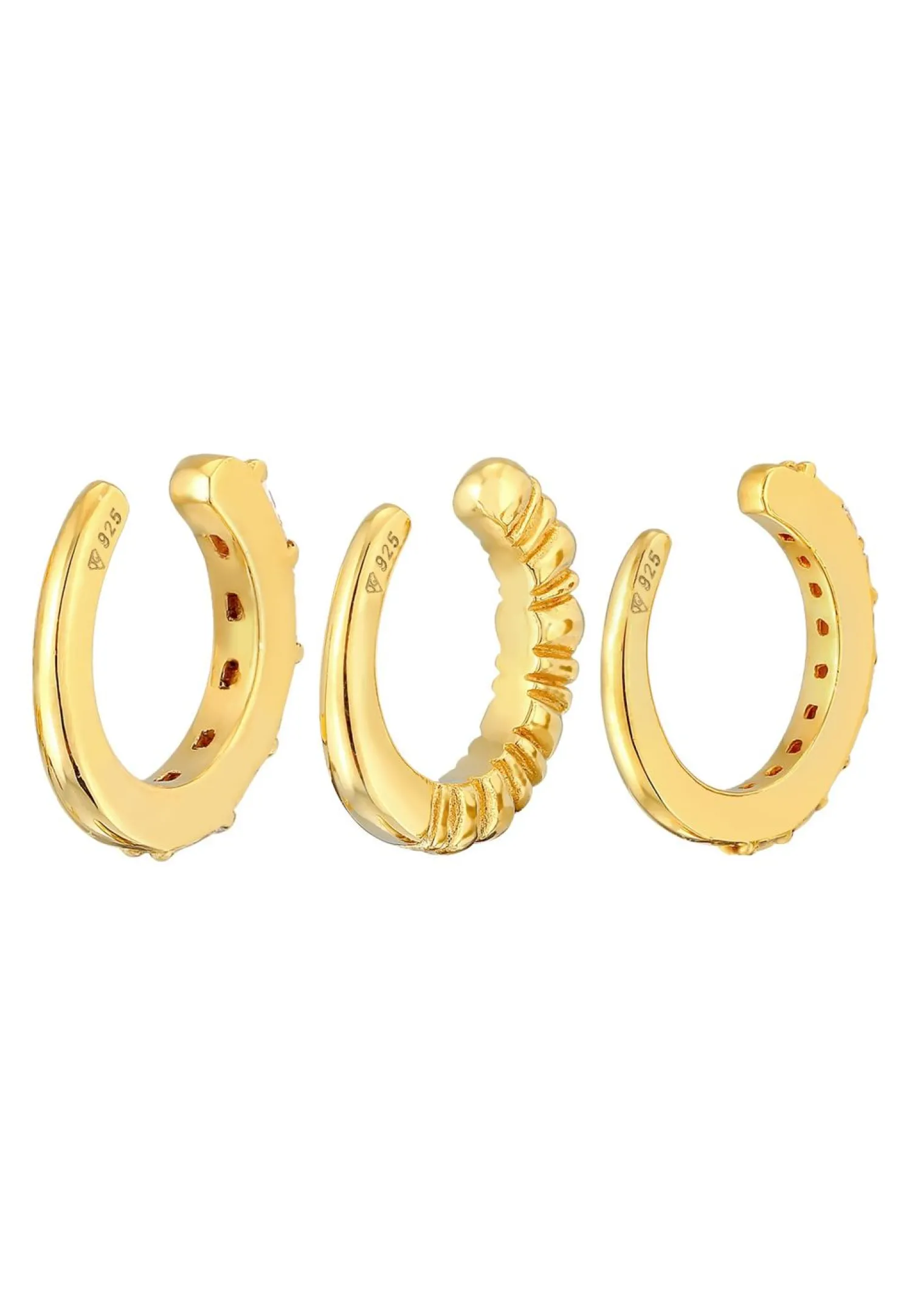 Elli PREMIUM Dames Oorknoop Set Van 3 Geribbelde Structuren Met Zirkonia Kristallen In 925 Sterling Zilver Verguld